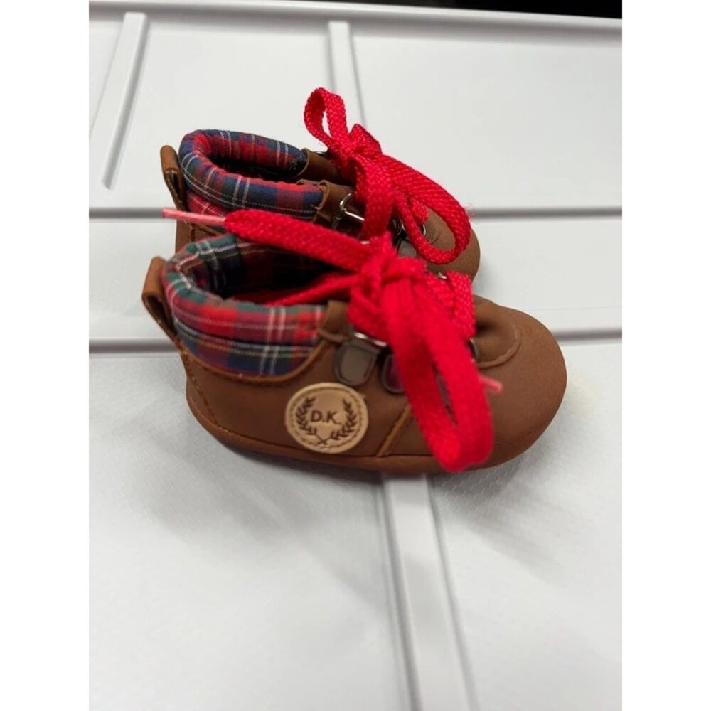 Vintage 1980s Dyna Kids Brown Plaid Baby Shoes Red Laces Size 1